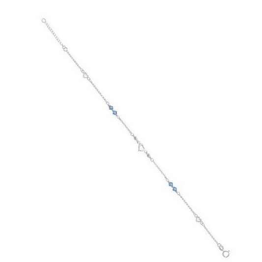 Sterling Silver Blue Crystal & Open Hearts Anklet