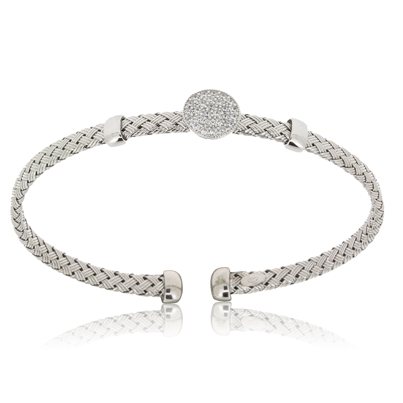 Sterling Silver Weave Bangle With Cz Circle