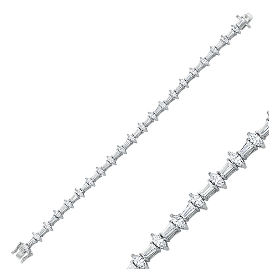 Silver Rhodium Plated Marquise & Tapered Baguette CZ Ladies Bracelet 7.5"