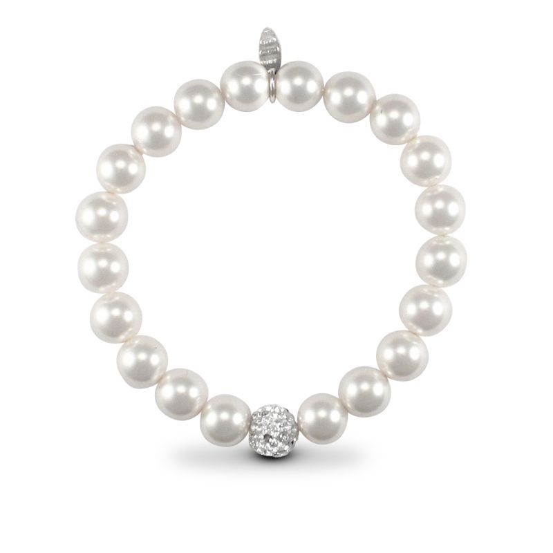Sterling Silver Crystal Ball Stretchy Pearl Bracelet