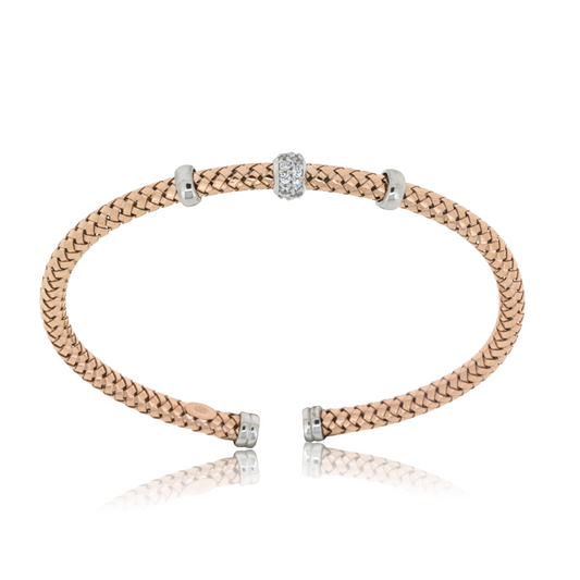 Rose Gold Plated Silver Weave Bangle With CZ Accents