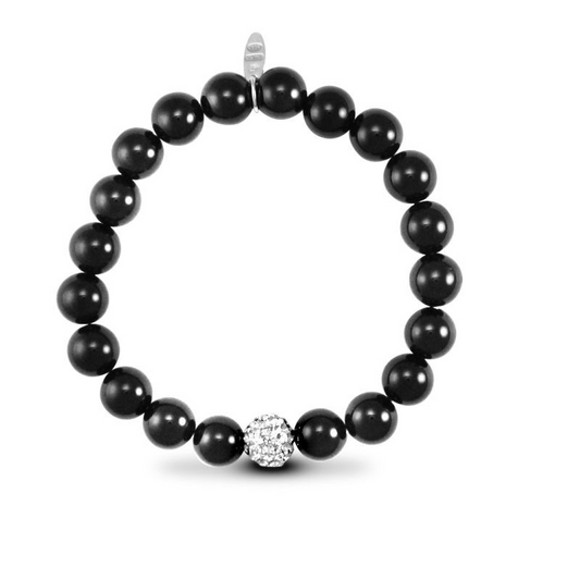 Sterling Silver Crystal Ball Stretchy Black Ball Bracelet